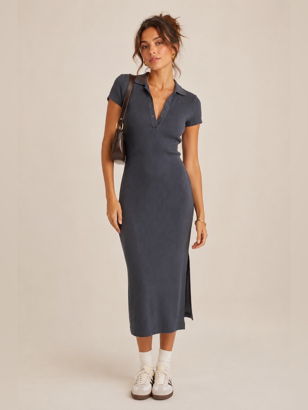 House of Harlow 1960 Ribbed Polo Midi Dress Blue Gray Slate Size S EUC